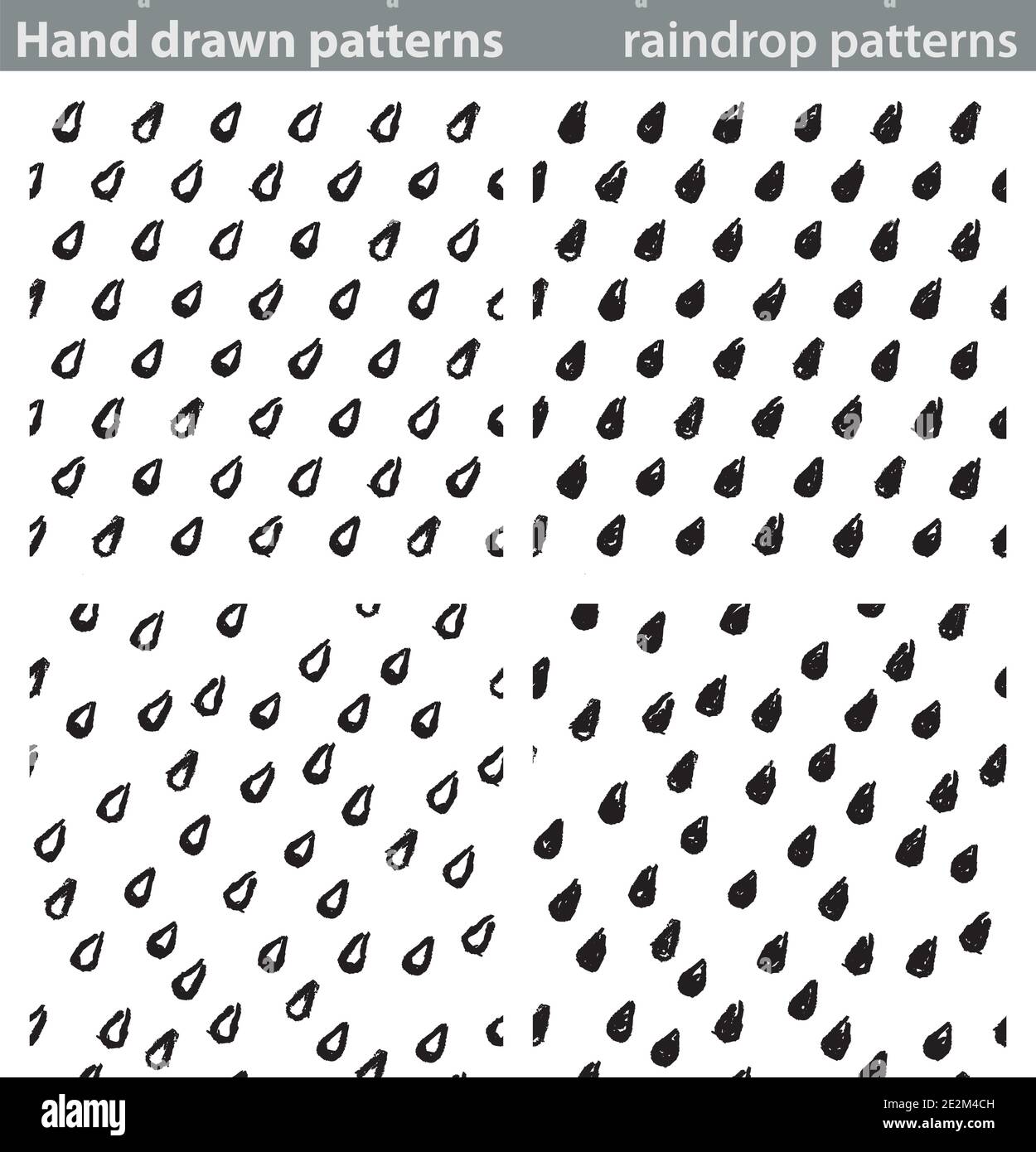 Four different seamless patterns made with hand drawn raindrops. Stock Vector