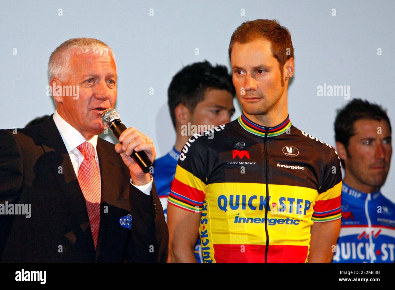 Team manager Patrick Lefevere (L) and team leader Tom Boonen during the presentation of the belgian Quick Step cycling team for 2010 season in Courtrai, Belgium on january 22, 2010. Photo by Mikael LIbert/ABACAPRESS.COM Stock Photo