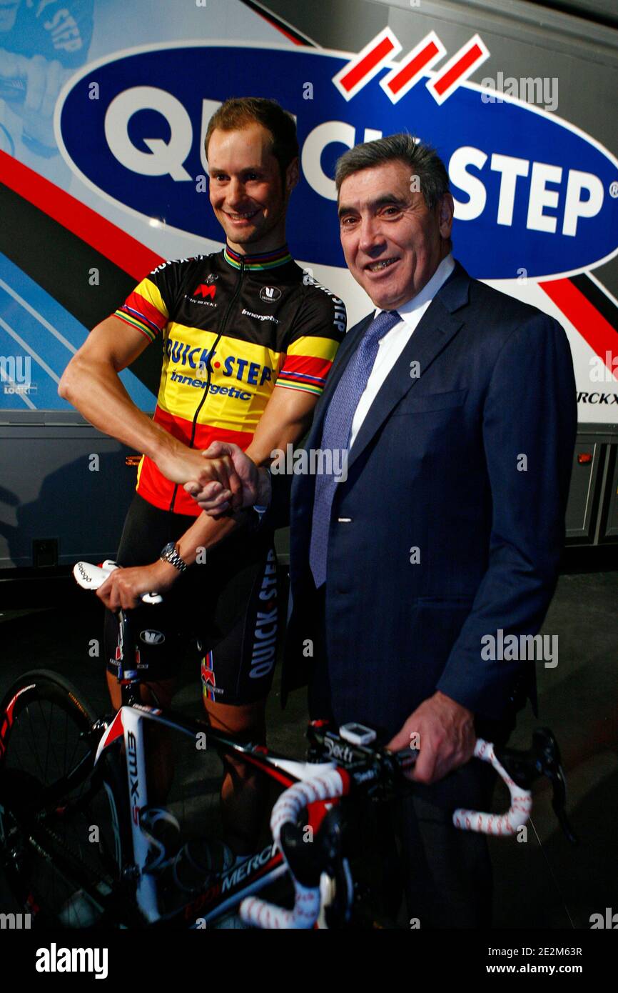 Quick Step leader Tom Boonen and former cycling champion Eddy Merckx during the presentation of the belgian Quick Step cycling team for 2010 season in Courtrai, Belgium on january 22, 2010. Photo by Mikael LIbert/ABACAPRESS.COM Stock Photo