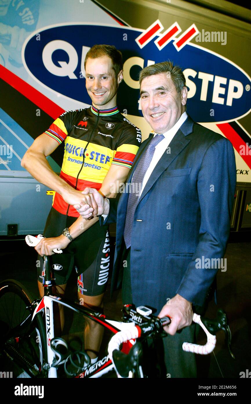 Team leader Tom Boonen and former cycling champion Eddy Merckx during the presentation of the belgian Quick Step cycling team for 2010 season in Courtrai, Belgium on january 22, 2010. Photo by Mikael LIbert/ABACAPRESS.COM Stock Photo
