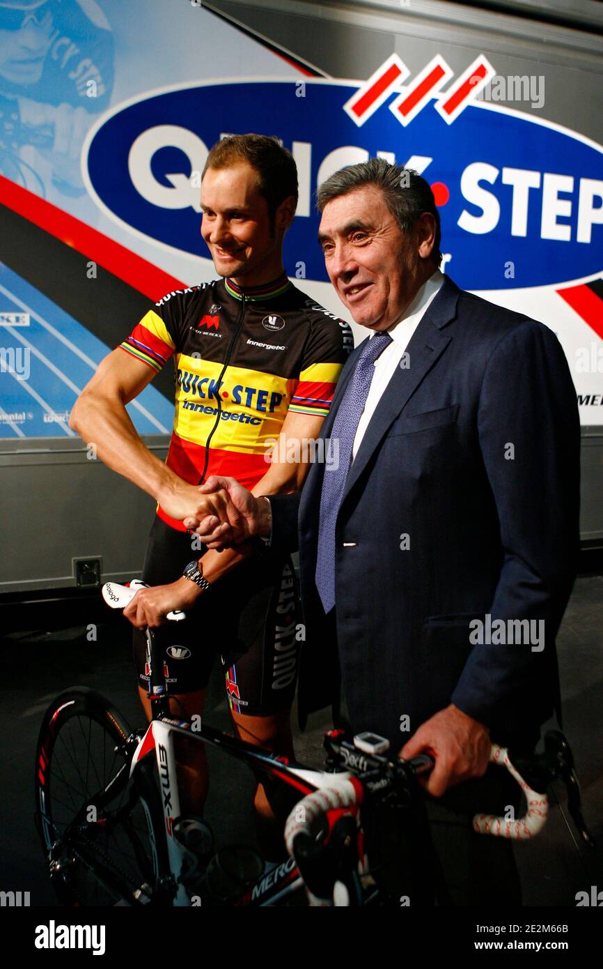 Team leader Tom Boonen and former cycling champion Eddy Merckx during the presentation of the belgian Quick Step cycling team for 2010 season in Courtrai, Belgium on january 22, 2010. Photo by Mikael LIbert/ABACAPRESS.COM Stock Photo