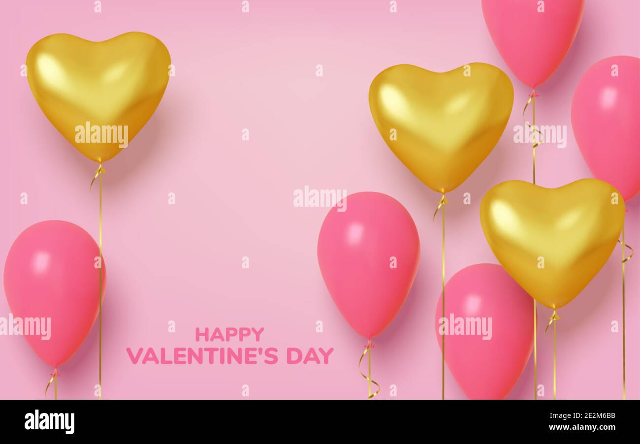 Valentines day background with realistic balloons pink and gold in ...