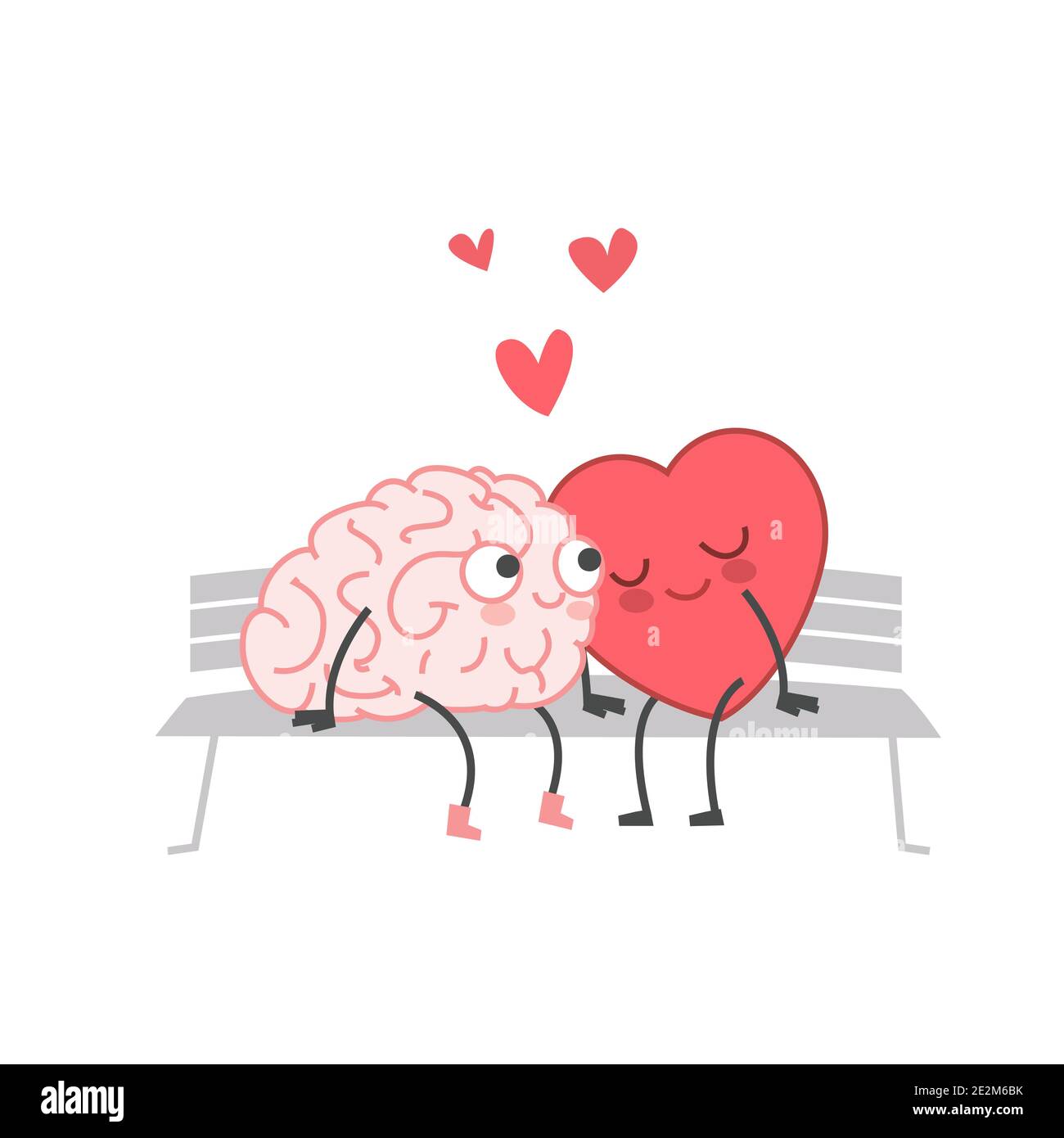 Cartoon Illustration of the Heart and Brain sit on the Bench and Kiss. Heart and Brain are in love hold hands and kiss each other. Happy Valentines Stock Vector
