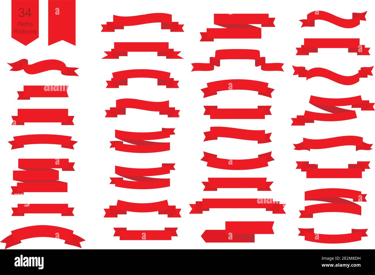 Set of 34 Ribbons in flat style. Vector red banner Ribbons isolated on white background. EPS10 Stock Vector