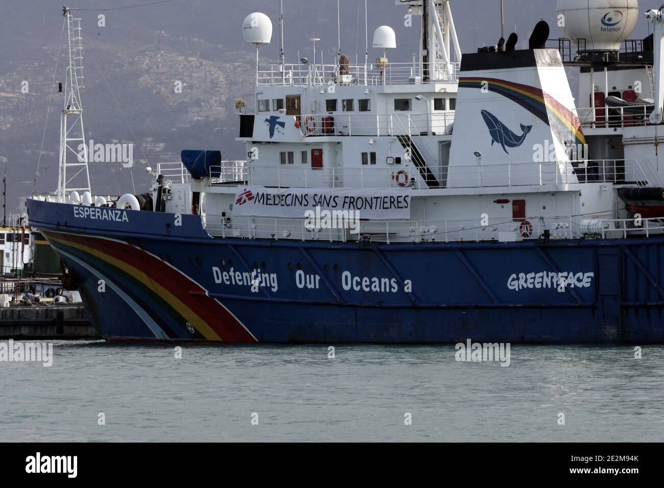 French NGO 'Doctors Without Borders' ship 'Esperanza' is moored at Port-au-Prince harbor, Haiti on January 24, 2010. Photo by Sebastien Dufour/ABACAPRESS.COM Stock Photo