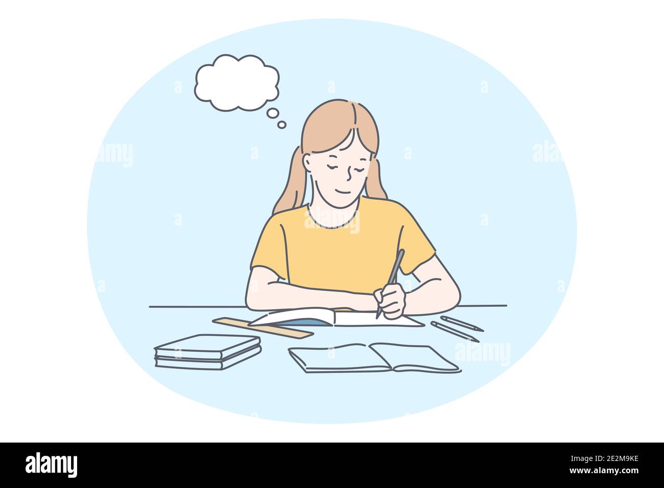 Success In Studying Excellent School Pupils Concept Smiling School Girl Cartoon Character Sitting Doing Homework Having Excellent Marks For Educati Stock Vector Image Art Alamy