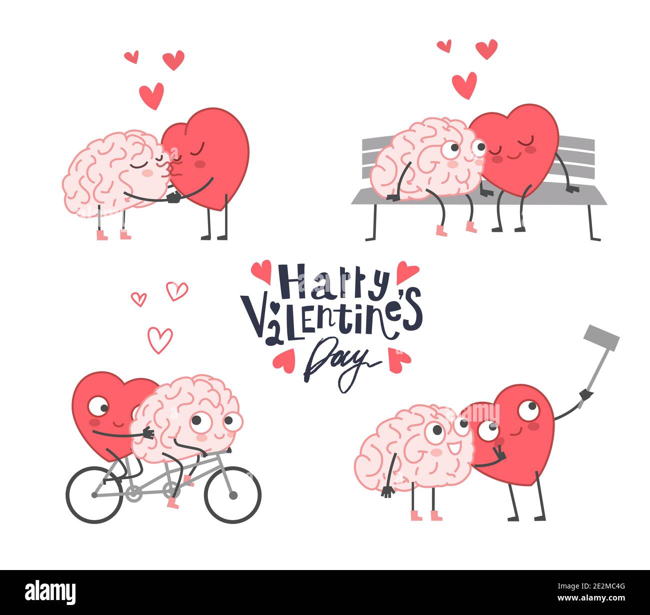 Big Set of Happy Valentines Day Theme Icons. Heart and Mind Relationship. Heart and Brain Fell in Love Stock Vector