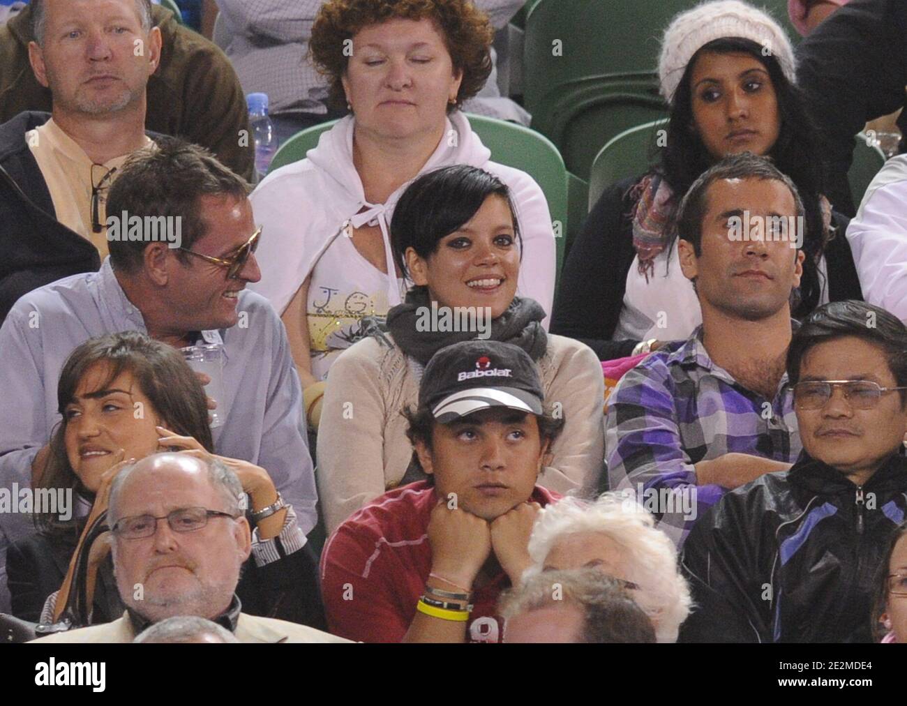 British singer Lily Allen watches the quarterfinal match between France's Jo-Wilfried Tsonga against Serbia's Novak Djokovic on day 10 of the Australian Open tennis tournament in Melbourne, Australia on January 27, 2010. Jo-Wilfried Tsonga moved into the Australian Open semi-finals. Photo by Corinne Dubreuil/Cameleon/ABACAPRESS.COM Stock Photo