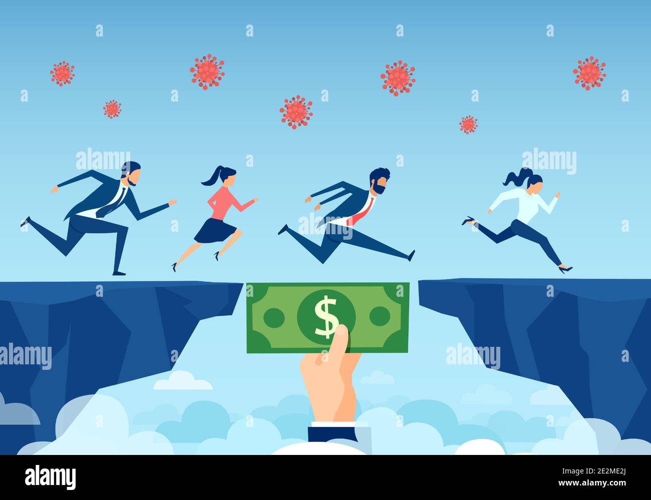 Vector of a helping hand with dollar bill bridging economy gap during coronavirus pandemic, assisting business people to overcome financial difficulti Stock Vector