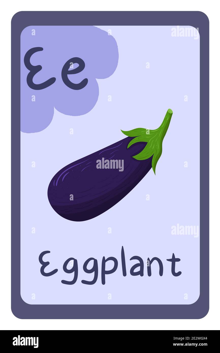 Alphabet food educational card on violet background, Letter E eggplant. School, education