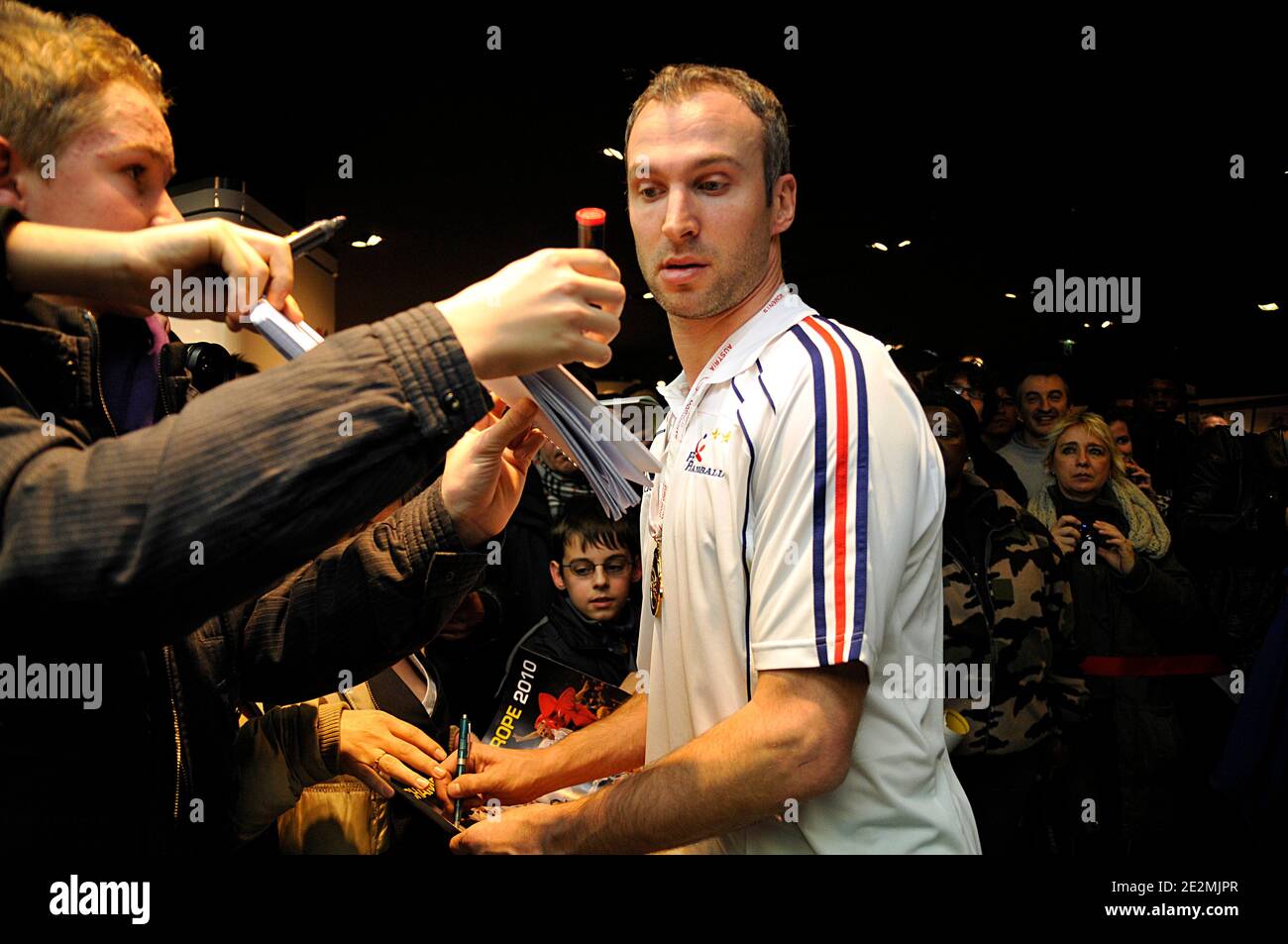 France's handball player goal keeper Thierry Omeyer during a autographs  session and press conference at Adidas Store on on the Champs Elysees  avenue in Paris, France on February 1, 2010 after winning