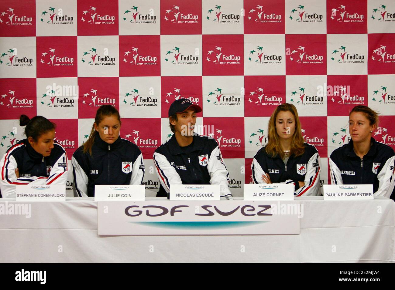 (L to R) Stephanie Cohen-Aloro, Julie Coin, Nicolas Escude, Alize Cornet and Pauline Parmentier during the press conference of France's team before the 1st round of the Fed Cup that will opposite France to the Untied States in the covert stadium in Lievin Stock Photo