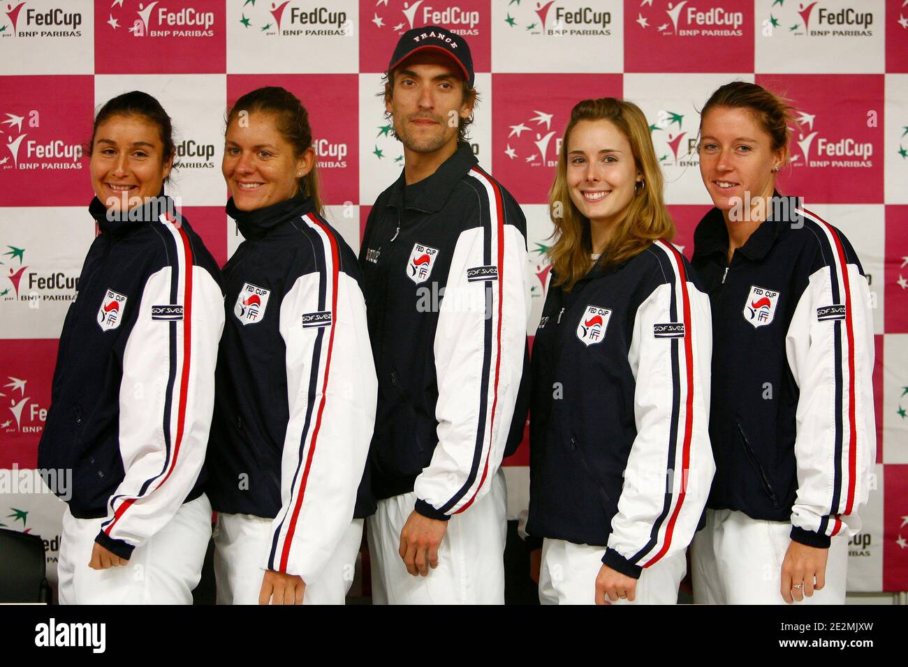(L to R) Stephanie Cohen-Aloro, Julie Coin, Nicolas Escude, Alize Cornet and Pauline Parmentier during the press conference of France's team before the 1st round of the Fed Cup that will opposite France to the Untied States in the covert stadium in Lievin Stock Photo