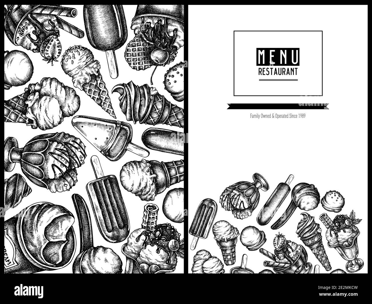 Menu cover design with black and white ice cream bowls, ice cream bucket, popsicle ice cream