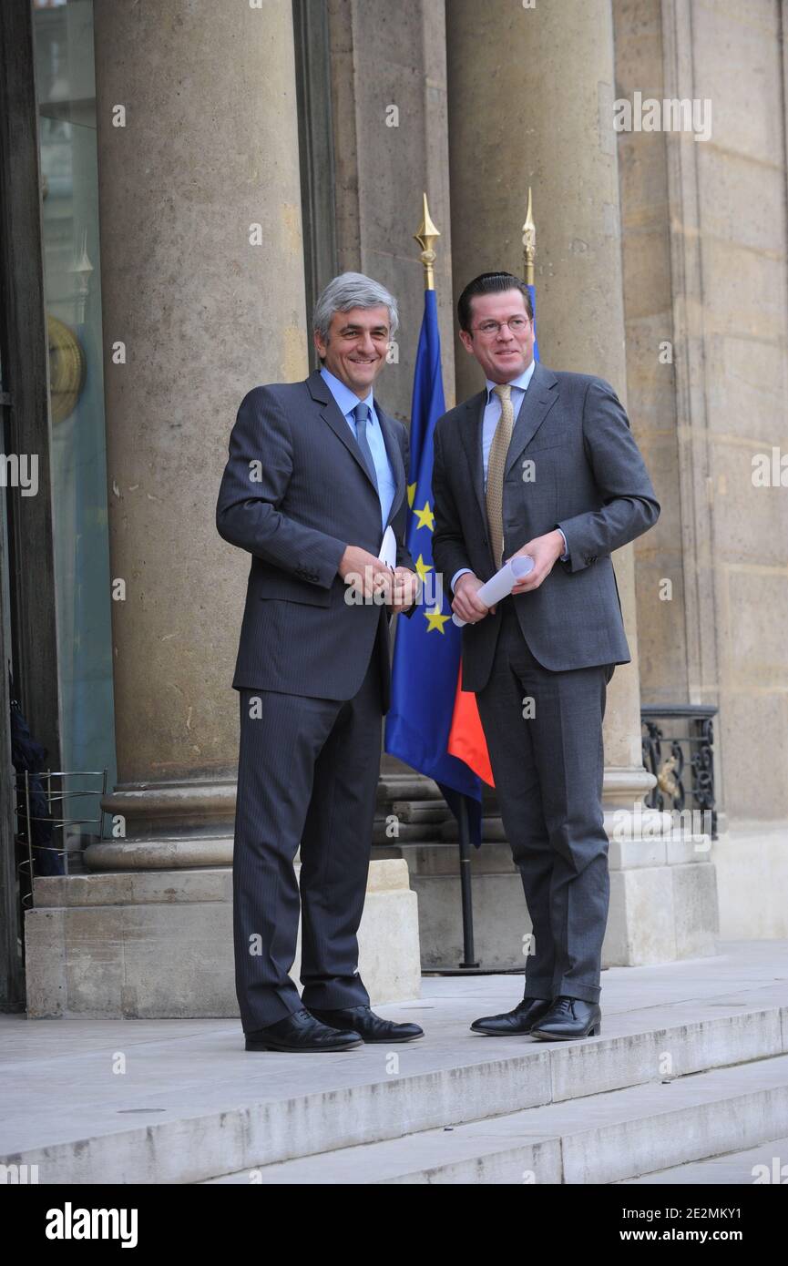 French Minister of Defence Herve Morin and German Defence Minister Karl-Theodor zu Guttenberg arrive for Franco-German cabinet meeting at the Elysee Palace, in Paris, France, on February 4, 2010. Photo by Mousse/ABACAPRESS.COM Stock Photo