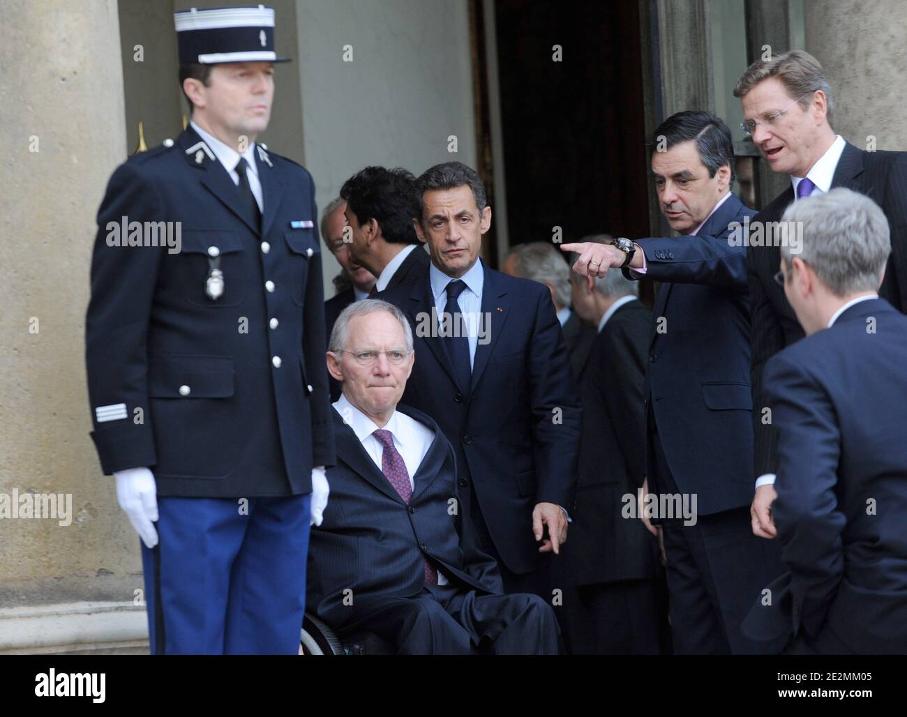 French President Nicolas Sarkozy, German Federal Minister of Finance, Wolfang Schaeuble, Prime Minister Francois Fillon, German Foreign Minister and vice-chancellor Guido Westerwelle are pictured after the Franco-German cabinet meeting in Paris, France, on February 4, 2010. Photo by Mousse/ABACAPRESS.COM Stock Photo