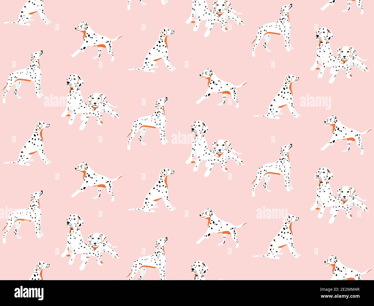 Dalmatian seamless pattern, spotted white black puppy cartoon nursery  print. Pink cute drawing. Cute kawaii background Stock Vector