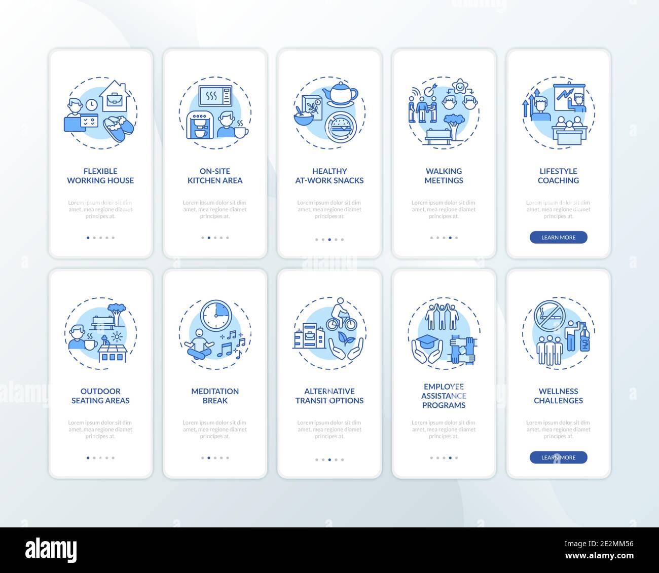 Workspace wellness onboarding mobile app page screen with concepts set Stock Vector