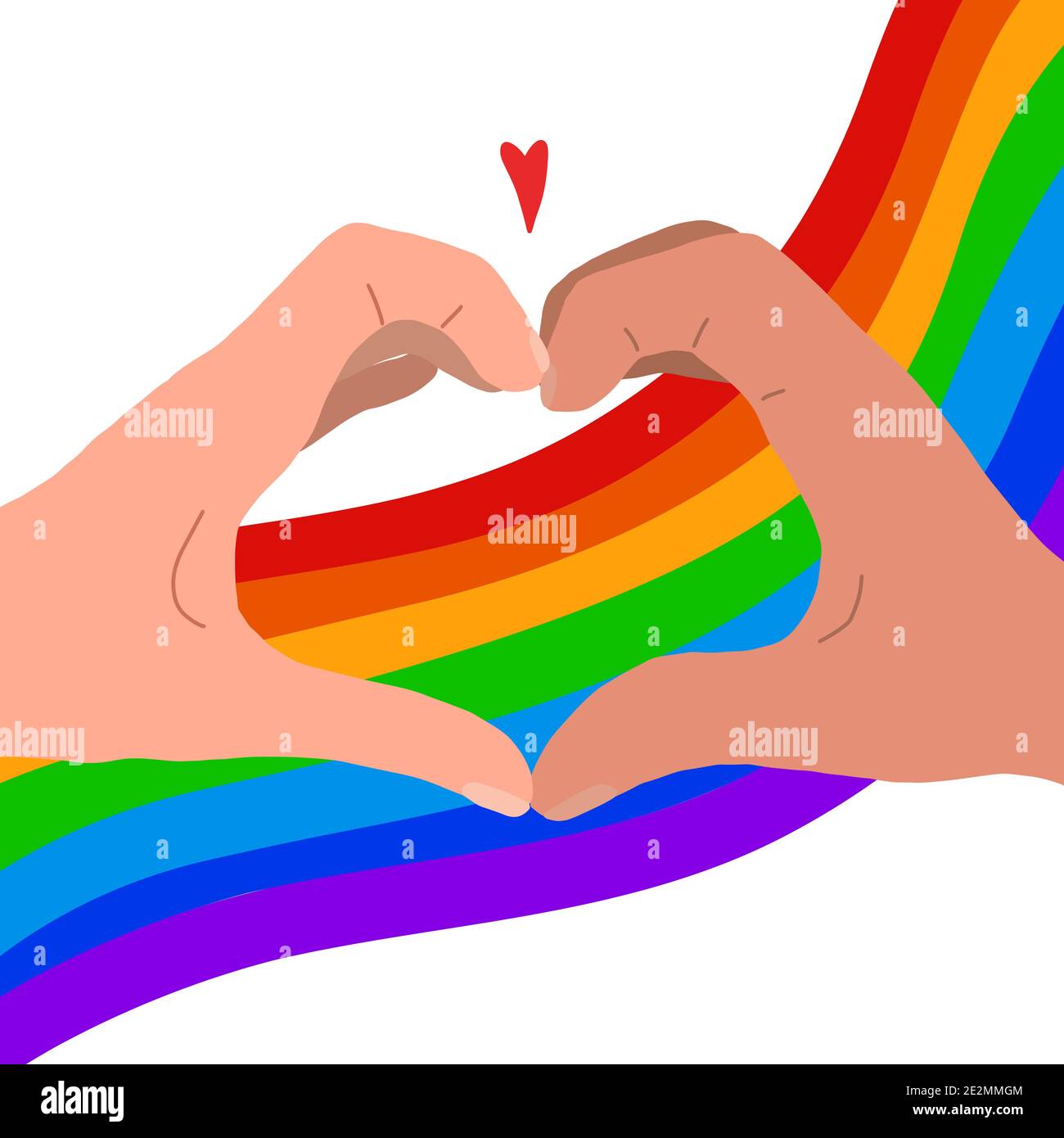 Flat illustration of a pair of human hands in a heart on a rainbow flag. Love of same sex people. Pride and freedom in feelings. Lgbt couples. Vector Stock Vector