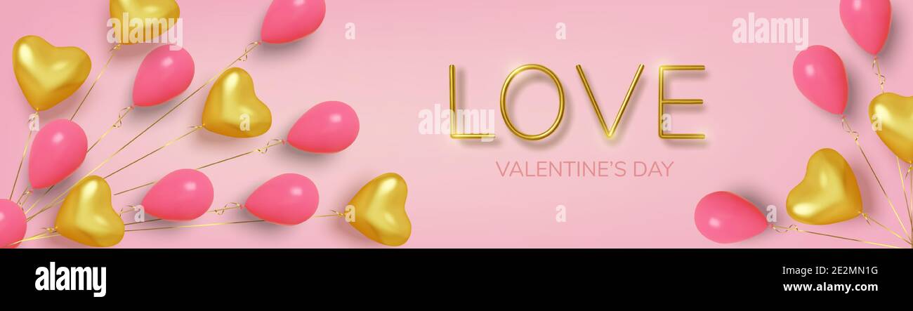 Valentines day background with realistic balloons pink and gold in ...