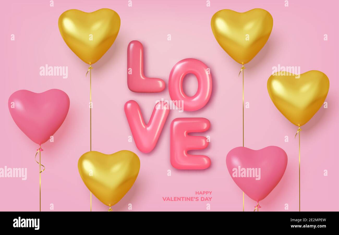 Valentines day background with realistic balloons pink and gold in ...
