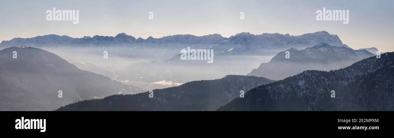 Full high res panorama of German Alps with Wank, Alpspitze, Zugspitze and Garmisch Partenkirchen Stock Photo