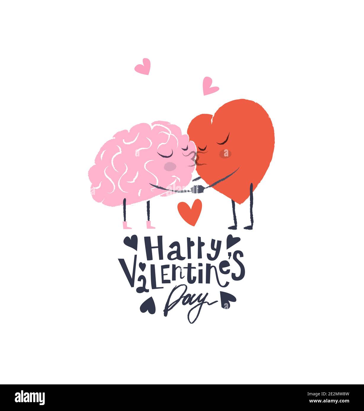 Cartoon Illustration of Heart and Brain. Heart and Brain are in love hold hands and kiss each other. Happy Valentines Day Card Stock Vector