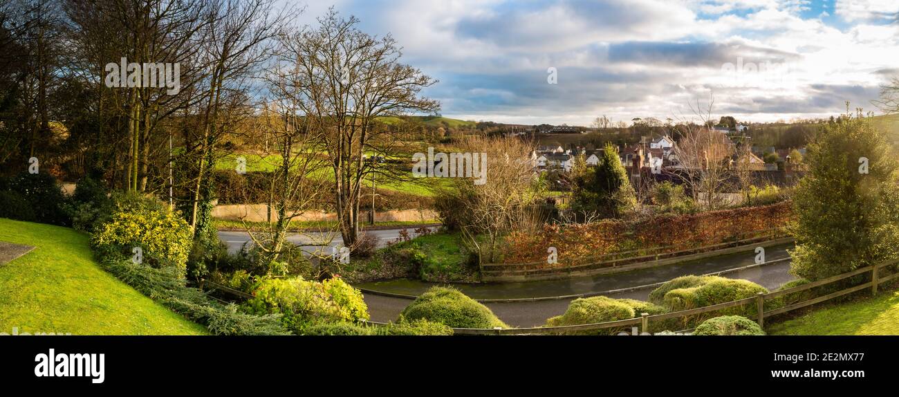 Panoramic view of East Budleigh Village on a mild Devon afternoon, whilst the rest of the country is covered in snow. Stock Photo