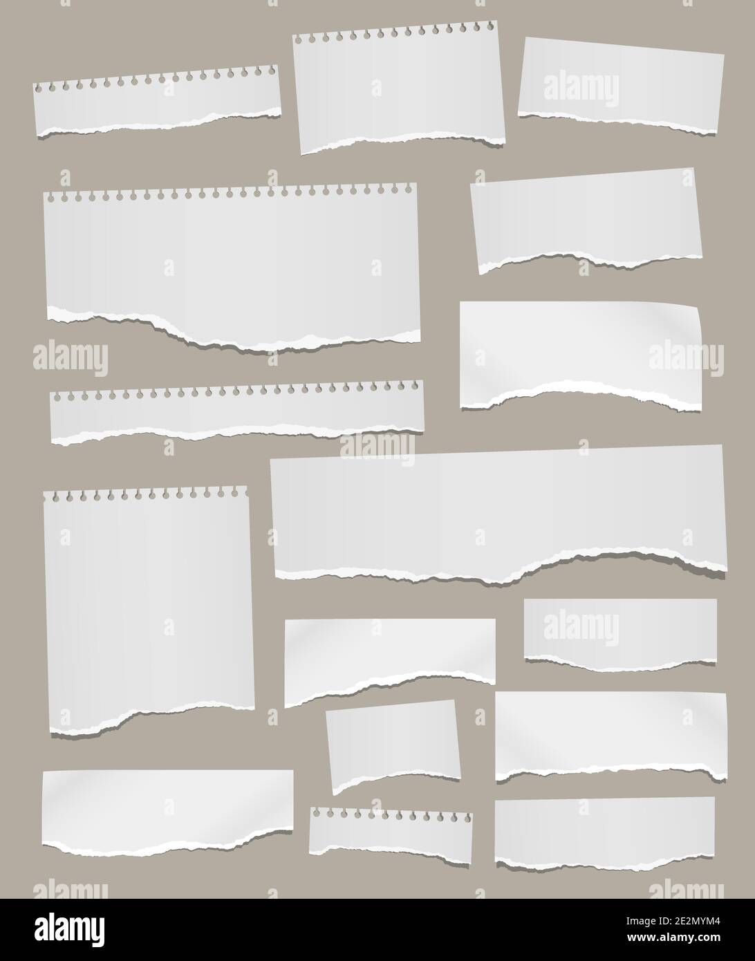 Set of torn white note, notebook paper pieces stuck on light brown background. Vector illustration Stock Vector
