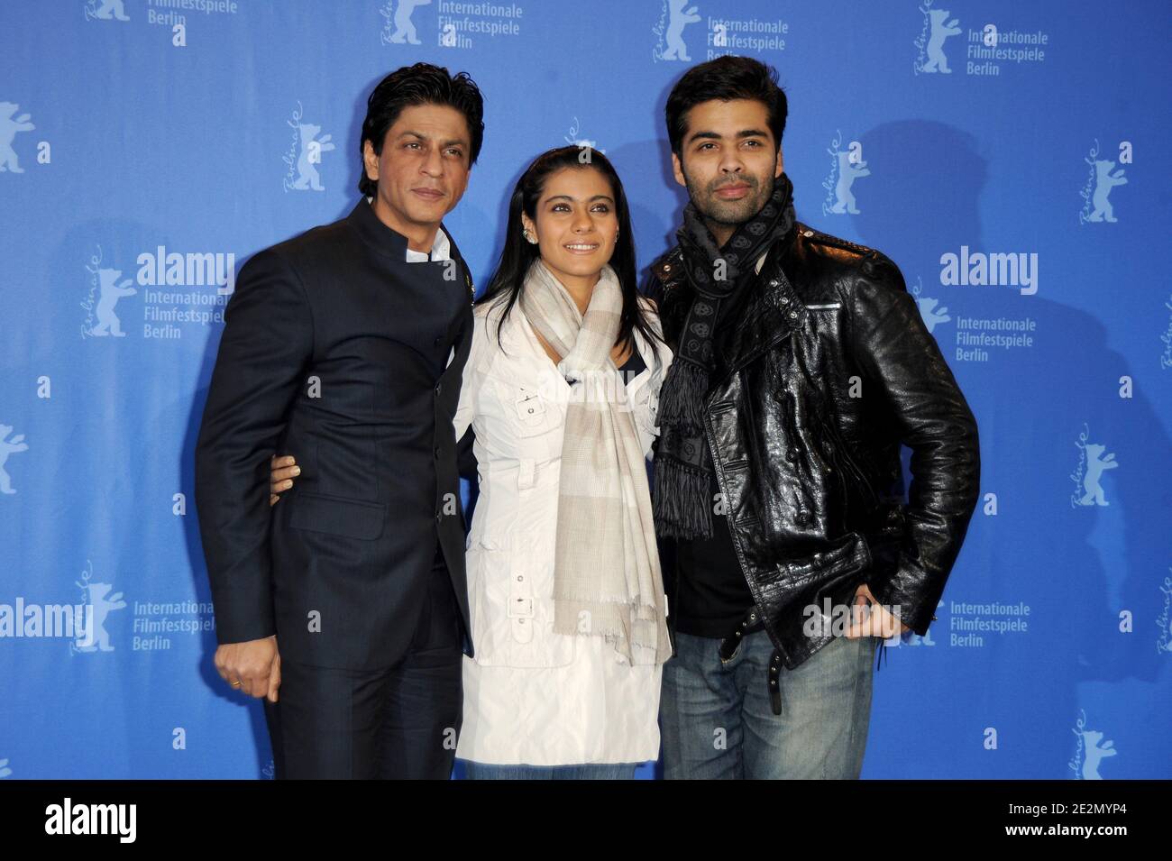 Shah Rukh Khan, Kajol Devgan and Karan Johar during a photocall for 'My name is Khan' as part of the 60th Berlin Film Festival at the Grand Hyatt Hotel in Berlin, Germany on February 12, 2010. Photo by Nicolas Briquet/ABACAPRESS.COM Stock Photo