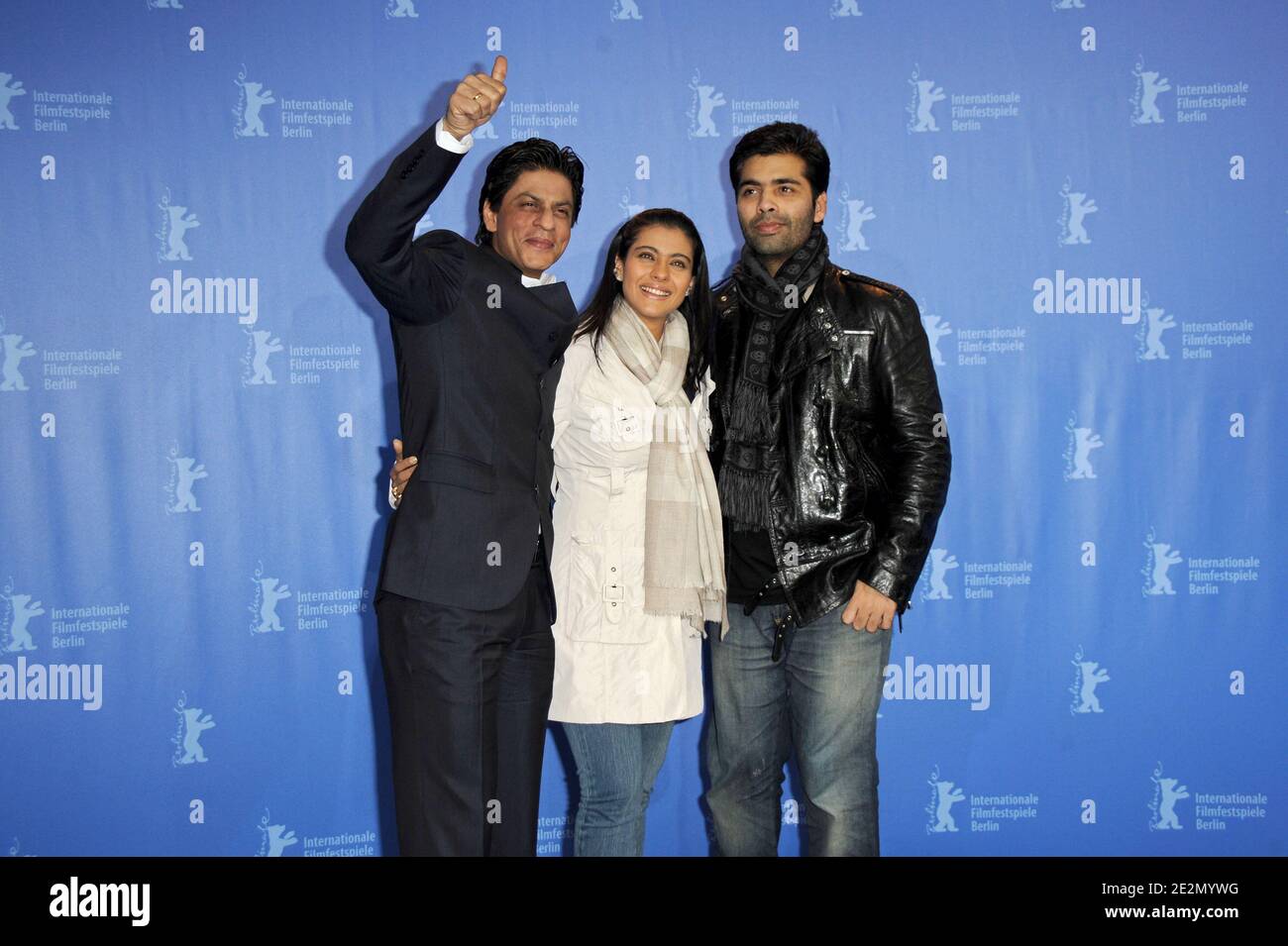 Shah Rukh Khan, Kajol Devgan and Karan Johar during a photocall for 'My name is Khan' as part of the 60th Berlin Film Festival at the Grand Hyatt Hotel in Berlin, Germany on February 12, 2010. Photo by Nicolas Briquet/ABACAPRESS.COM Stock Photo