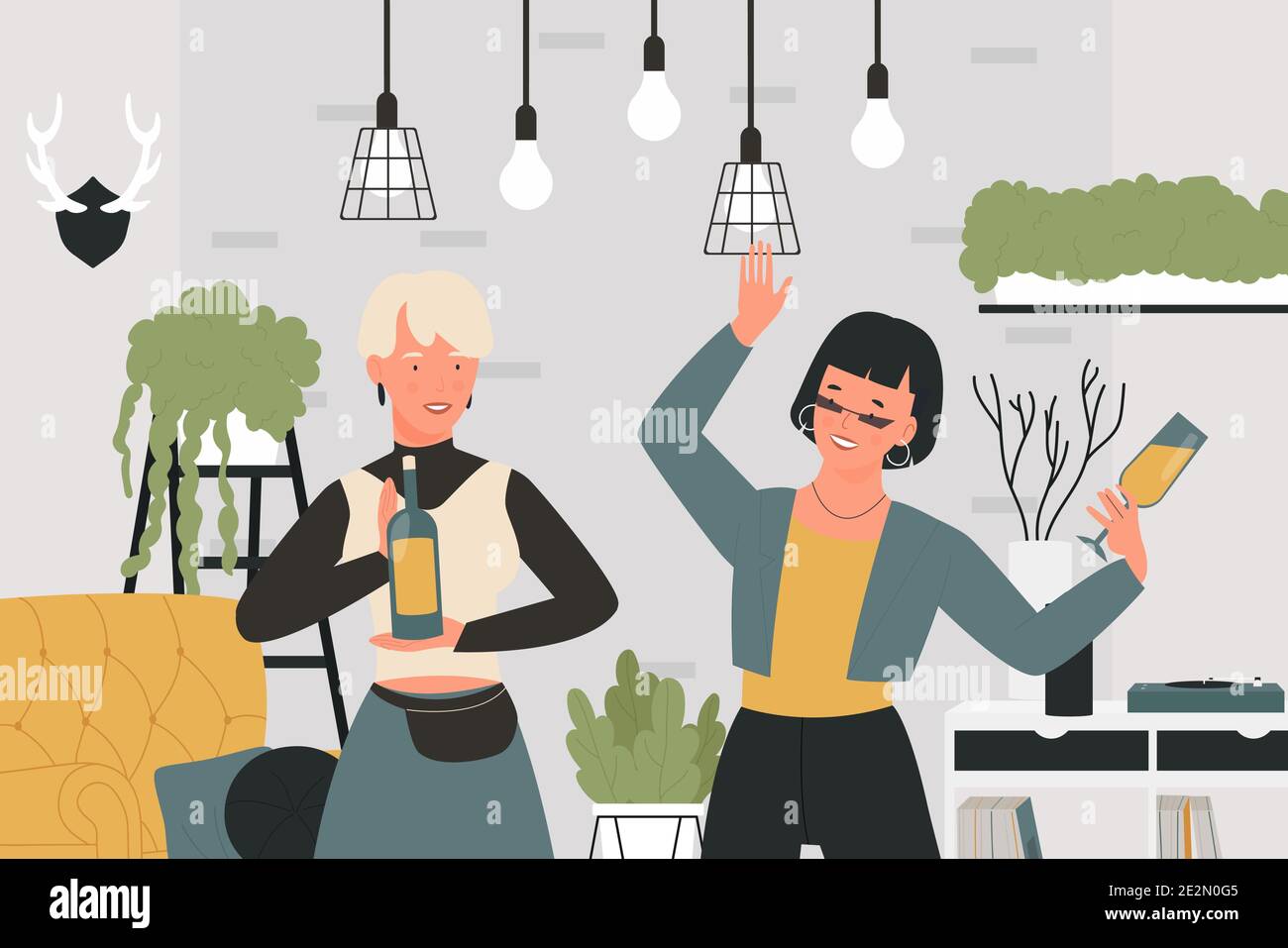 Girls drinking wine vector illustration. Cartoon adult woman characters have fun together at home party in living room interior, two lady friends drink alcohol wine beverage from glasses background Stock Vector