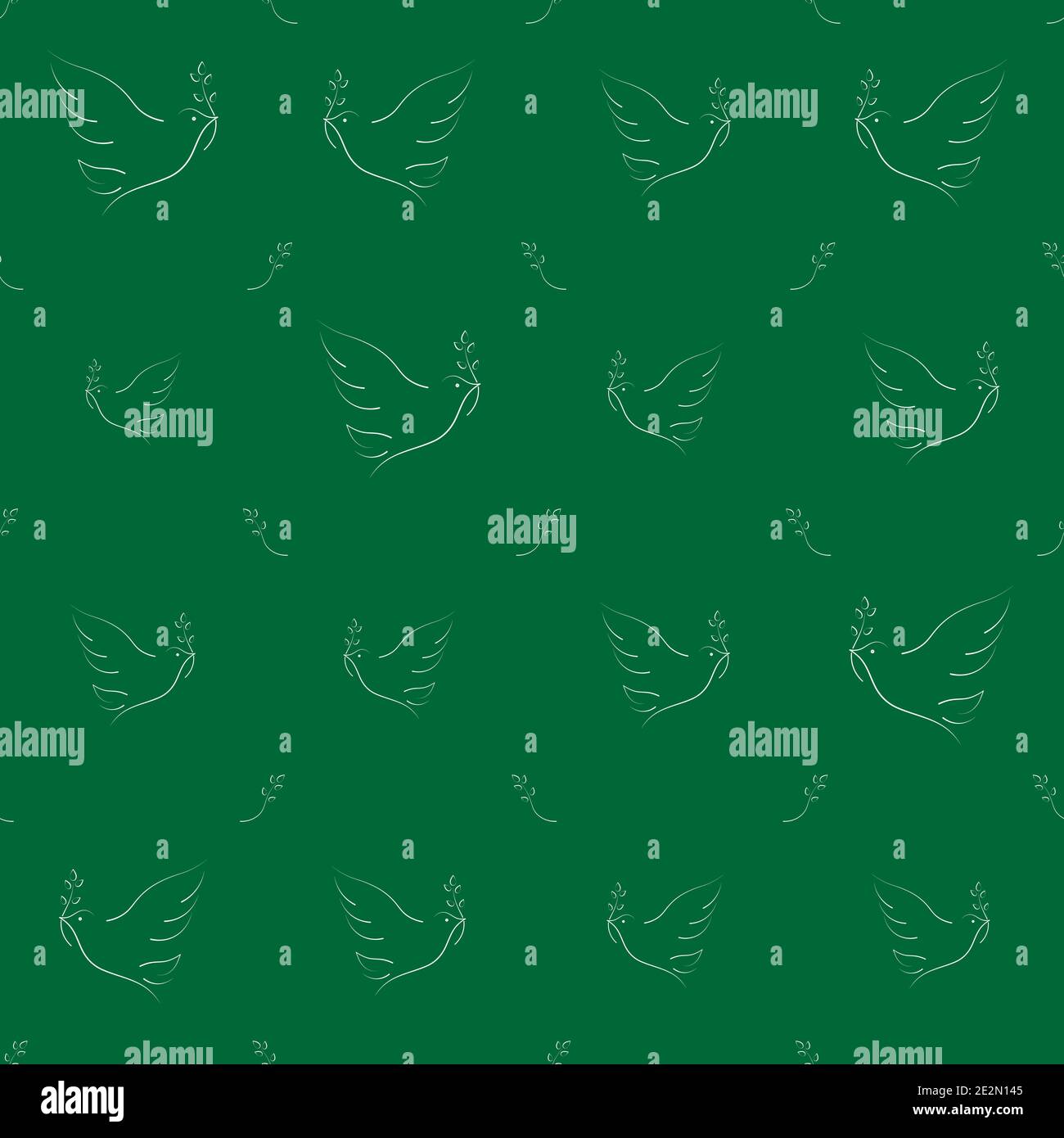 White minimalistic dove illustration vector seamless pattern on green background Stock Vector
