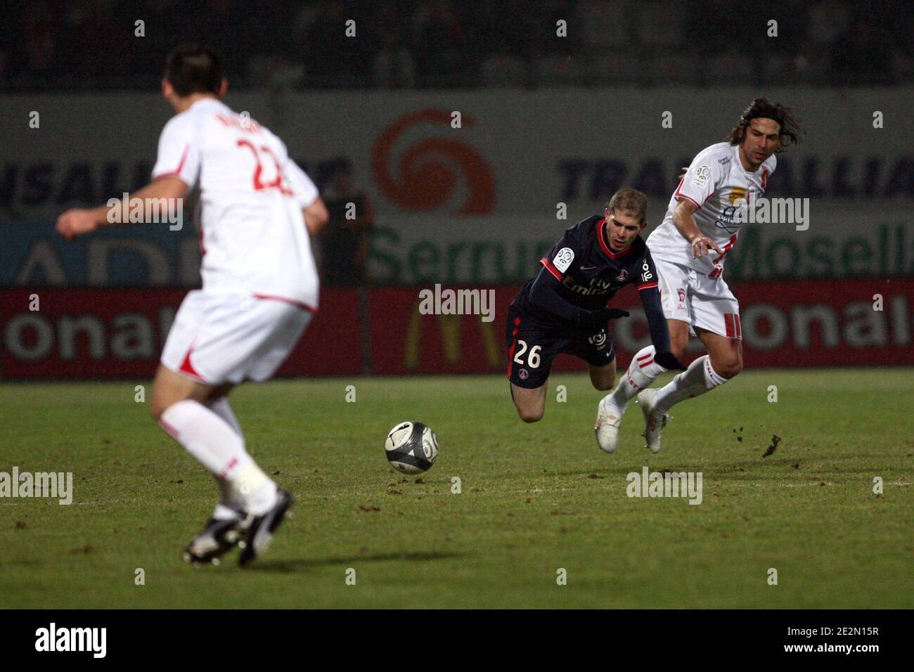 PSG's Christophe Jallet falls during the French First League soccer match, AS Nancy Lorraine vs Paris Saint-Germain at Marcel Picot Stadiumin Nancy, France on February 13, 2010. The match ended in a 0-0 draw. Photo by Mathieu Cugnot/ABACAPRESS.COM Stock Photo