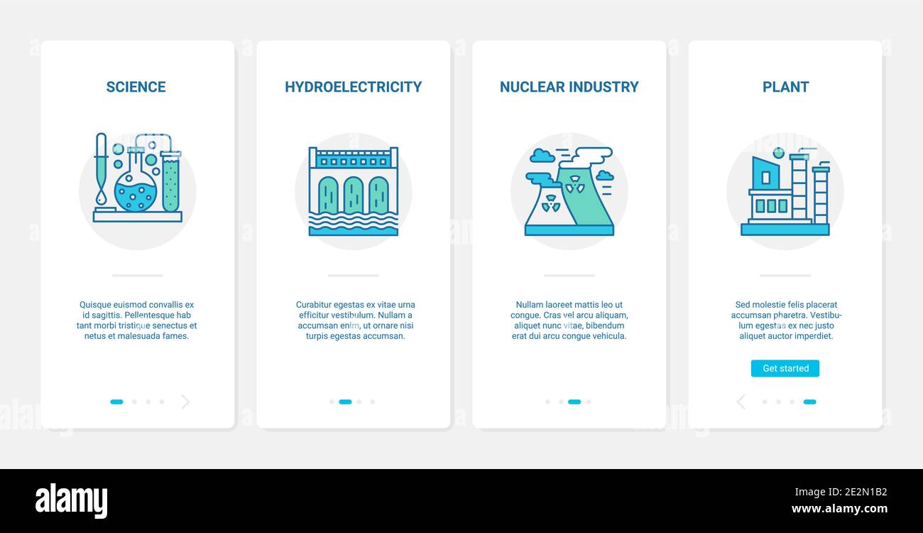 Industry technology vector illustration. UX, UI onboarding mobile app page screen set with line nuclear industrial symbols, science research for plant or factory, hydropower hydroelectric station Stock Vector