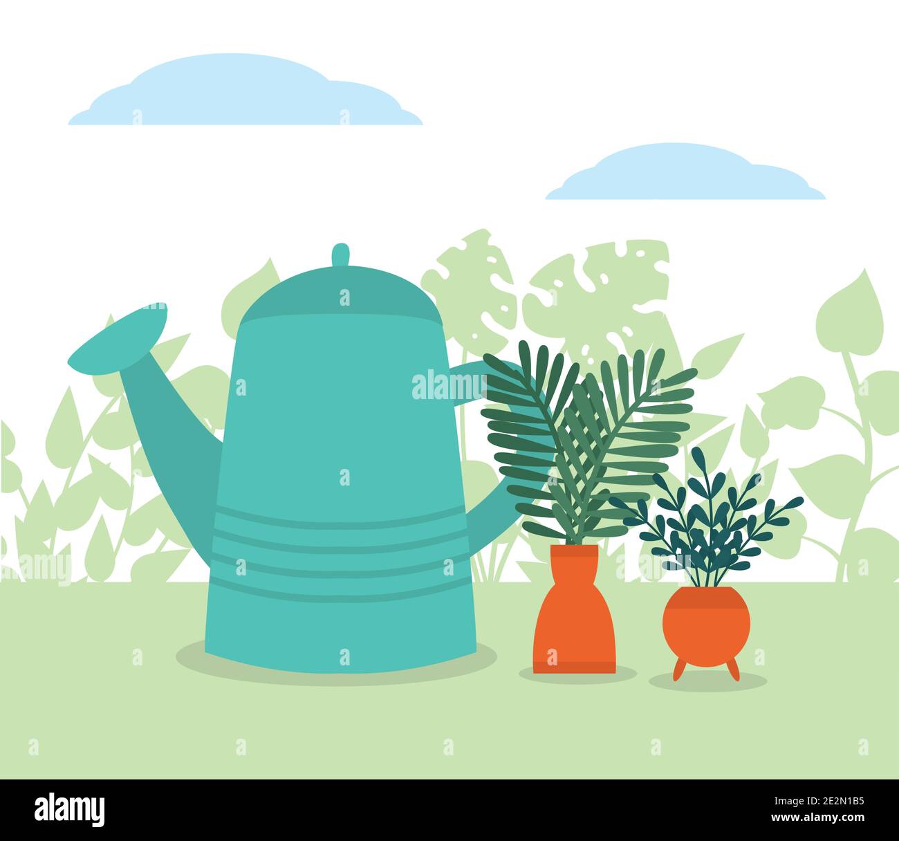 hand drawn design with watering can and plants, colorful design, vector ...