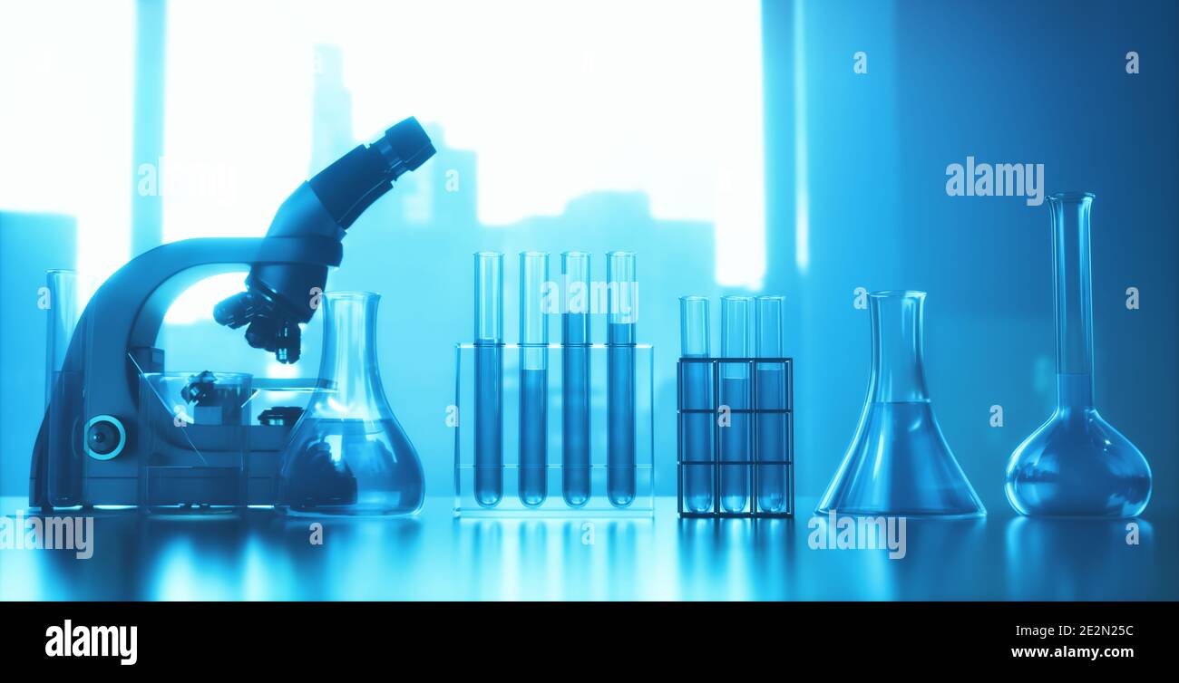 Test tubes and optical microscope. Laboratory instruments, with