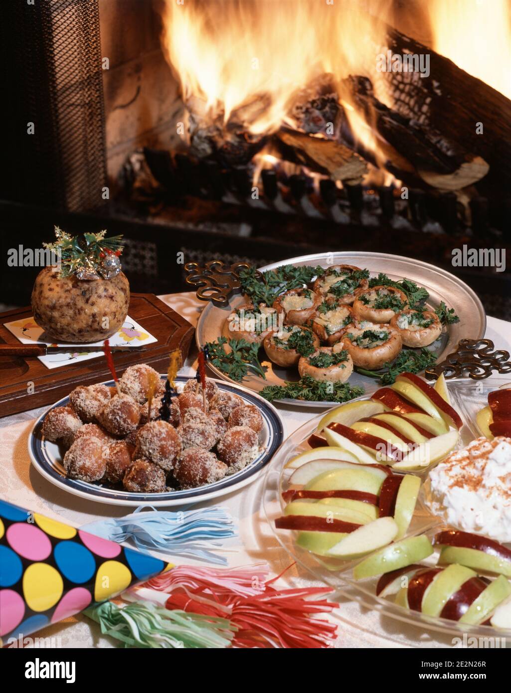 1980s CHRISTMAS PARTY FOODS FRUIT STUFFED MUSHROOMS CHEESE BALL RUM