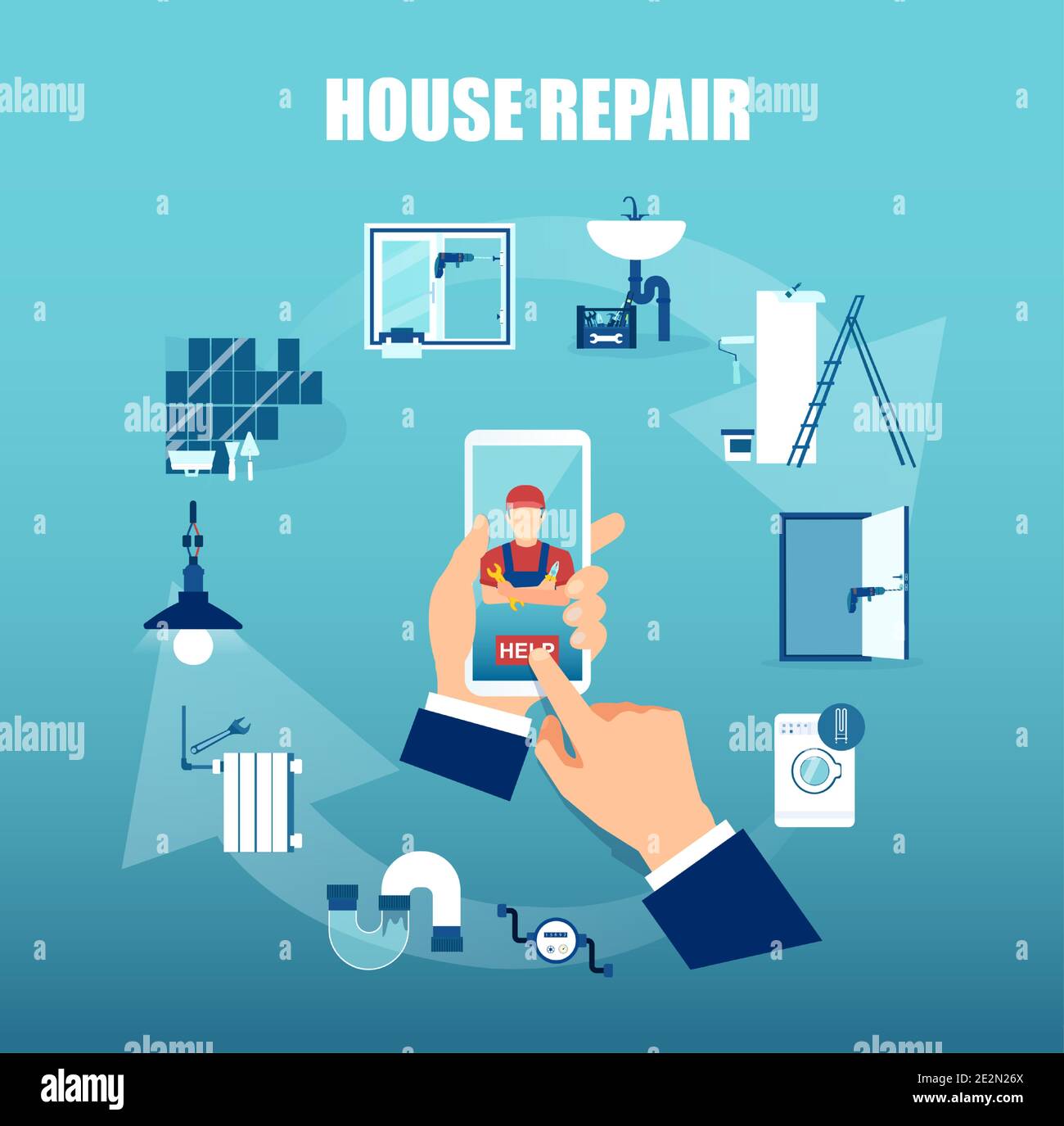 Vector of a business man using mobile app to request professional home repair services Stock Vector
