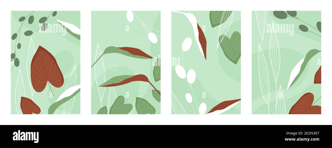 Leaves pattern vector illustration set. Abstract hand drawn green brown natural leaf plants, grass herbs in garden or meadow forest, different leaves in botanical vertical banner template collection Stock Vector