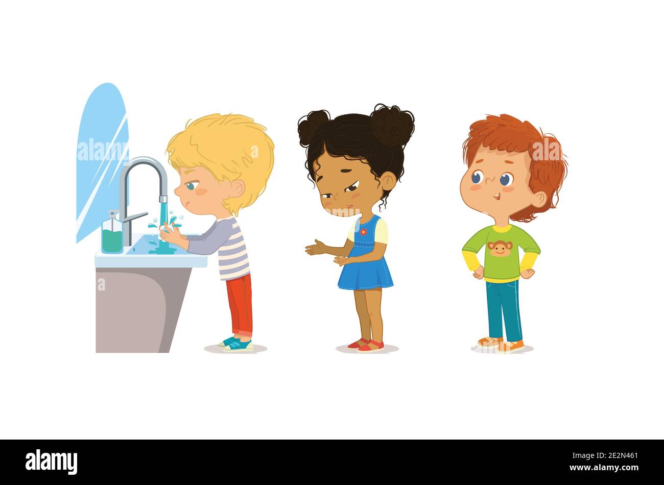 Hygiene. Children are washing their hands. Perspective of children standing at the wash basin. School girls and boys waiting to wash. Stock Vector