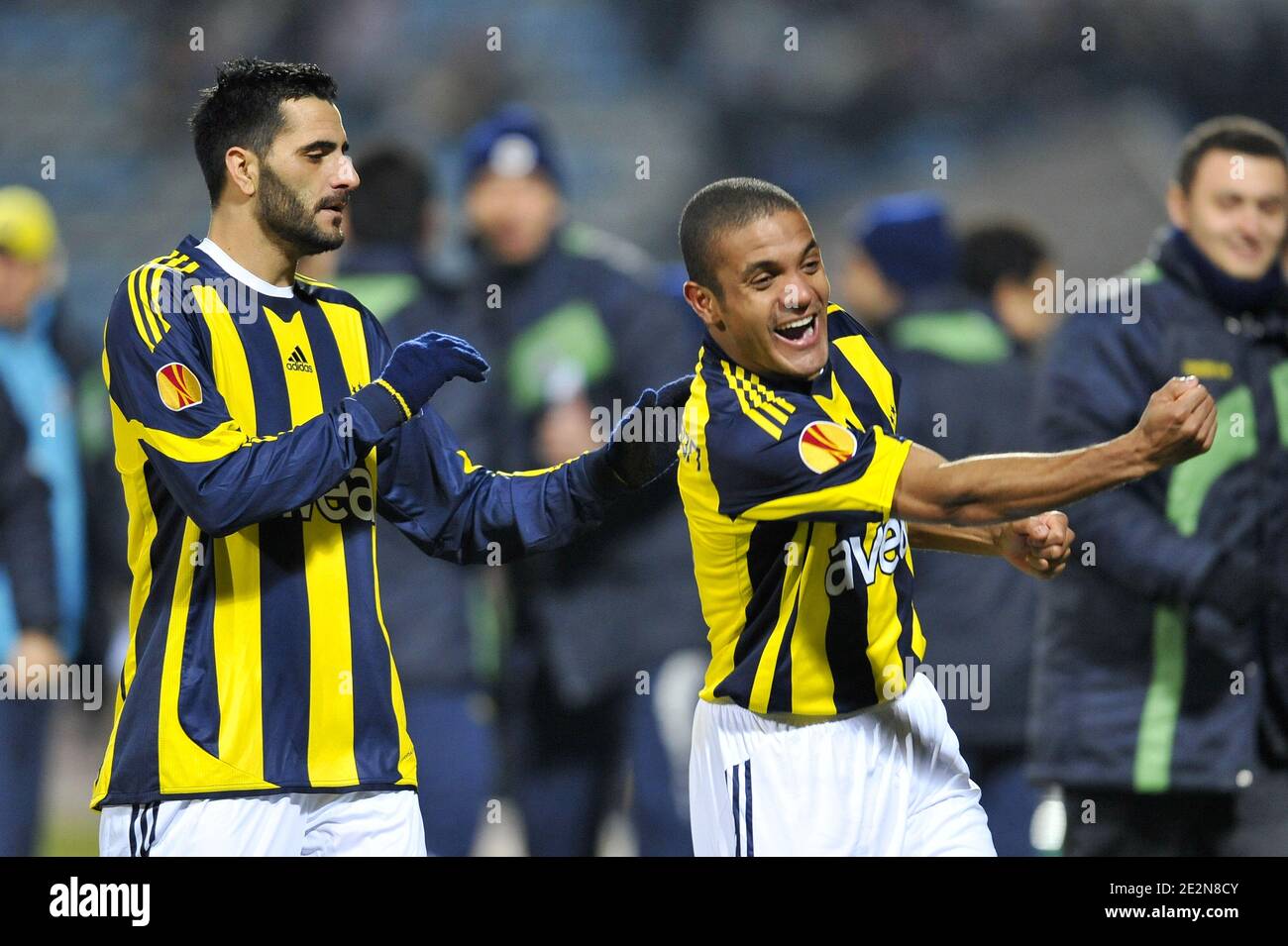 Fenerbahce's Gokcek Vederson celebrates his goal with Daniel Guiza during the UEFA Europa League soccer match, LOSC Lille Metropole vs Fenerbahce SK at the Stadium Nord in Villeneuve d'Ascq, France on February 18, 2010. Lille won 2-1. Photo by Stephane Reix/ABACAPRESS.COM Stock Photo