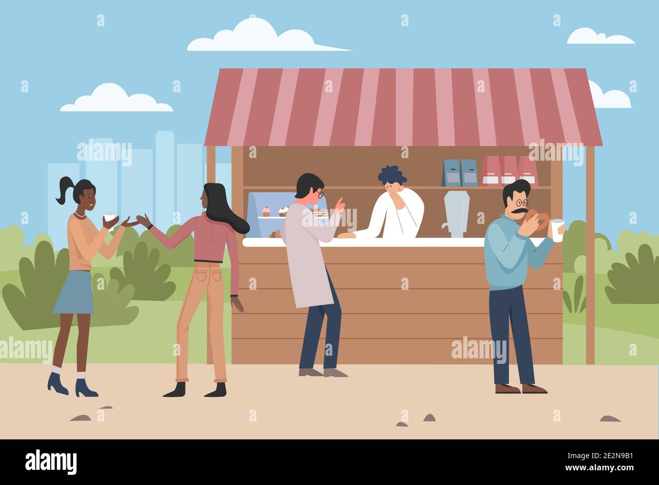 People eat food from street market stall of pastry shop vector illustration. Cartoon man woman characters eating desserts food and drinking hot drinks, confectionery marketplace kiosk background Stock Vector Image & Art - People eat food from street market stall of pastry shop vector illustration. Cartoon man woman characters eating desserts food and drinking hot drinks, confectionery marketplace kiosk background Stock Vector Image & Art -