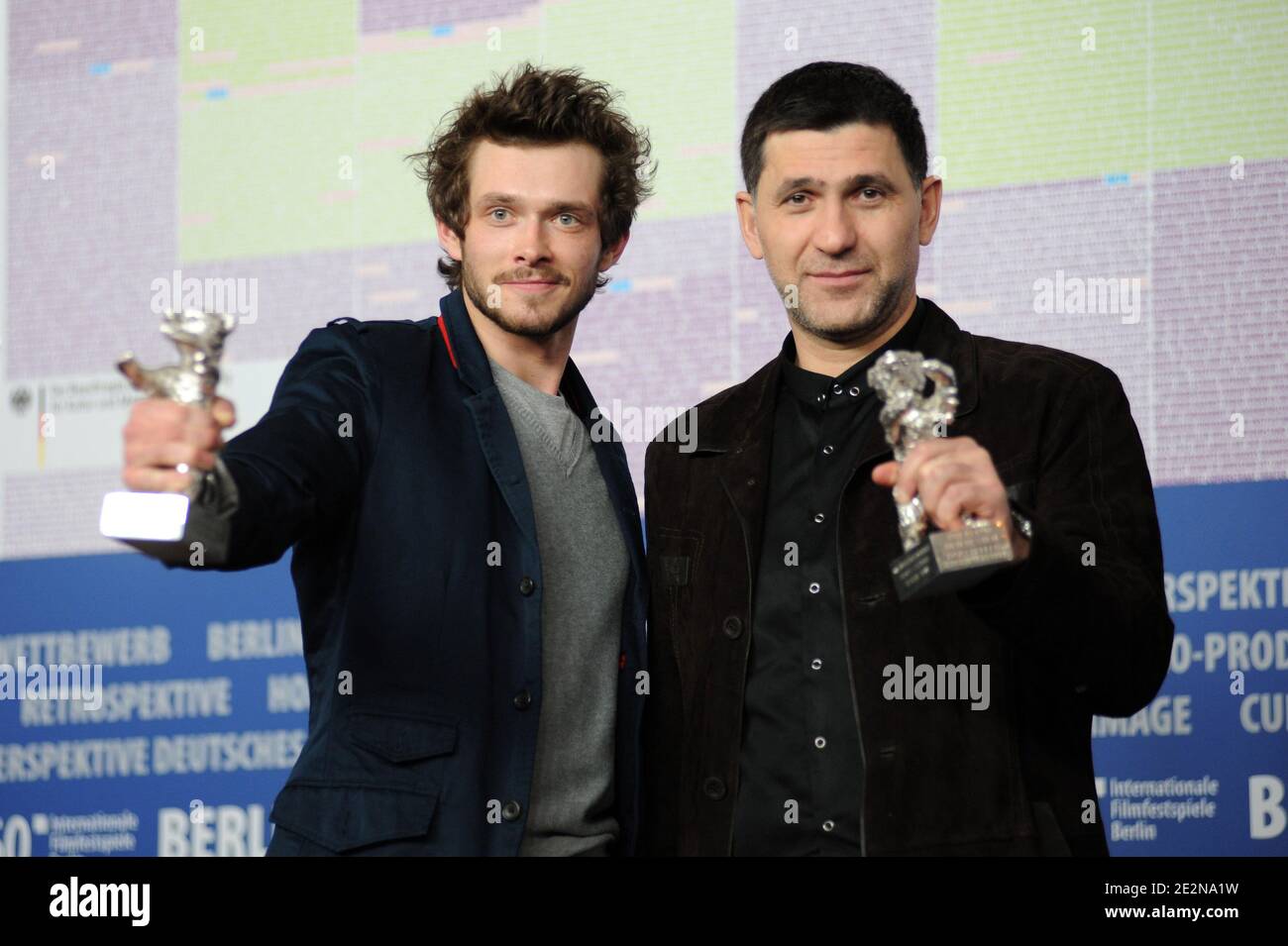 Russian actors Grigory Dobrygin and Sergei Puskepalis pose with the Silver Bear for Best Actor in their film 'Kak ya provel etim letom' (How I Ended This Summer) during a press conference after the awards ceremony of the 60th Berlinale Film Festival in Berlin, Germany on February 20, 2010. Photo by Nicolas Briquet/ABACAPRESS.COM Stock Photo
