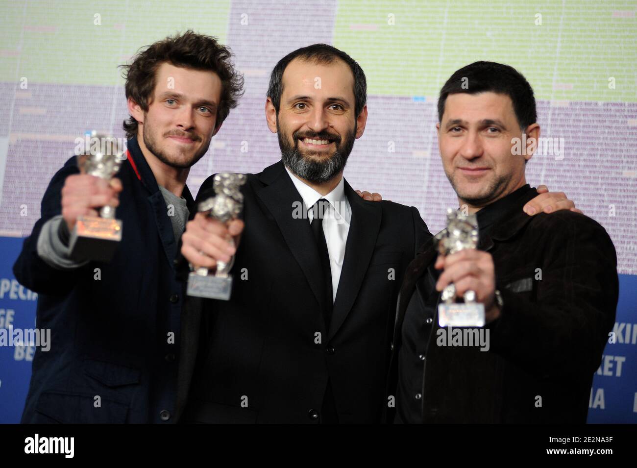 Russian actors Grigory Dobrygin, director Alexei Popogrebsky and Sergei Puskepalis pose with their Silver Bears for 'Kak ya provel etim letom' (How I Ended This Summer) in their film 'How I Ended This Summer' during a press conference after the awards ceremony of the 60th Berlinale Film Festival in Berlin, Germany on February 20, 2010. Photo by Nicolas Briquet/ABACAPRESS.COM Stock Photo