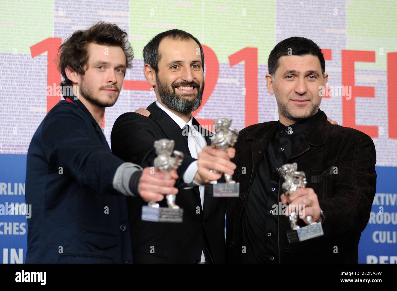 Russian actors Grigory Dobrygin, director Alexei Popogrebsky and Sergei Puskepalis pose with their Silver Bears for 'Kak ya provel etim letom' (How I Ended This Summer) in their film 'How I Ended This Summer' during a press conference after the awards ceremony of the 60th Berlinale Film Festival in Berlin, Germany on February 20, 2010. Photo by Nicolas Briquet/ABACAPRESS.COM Stock Photo