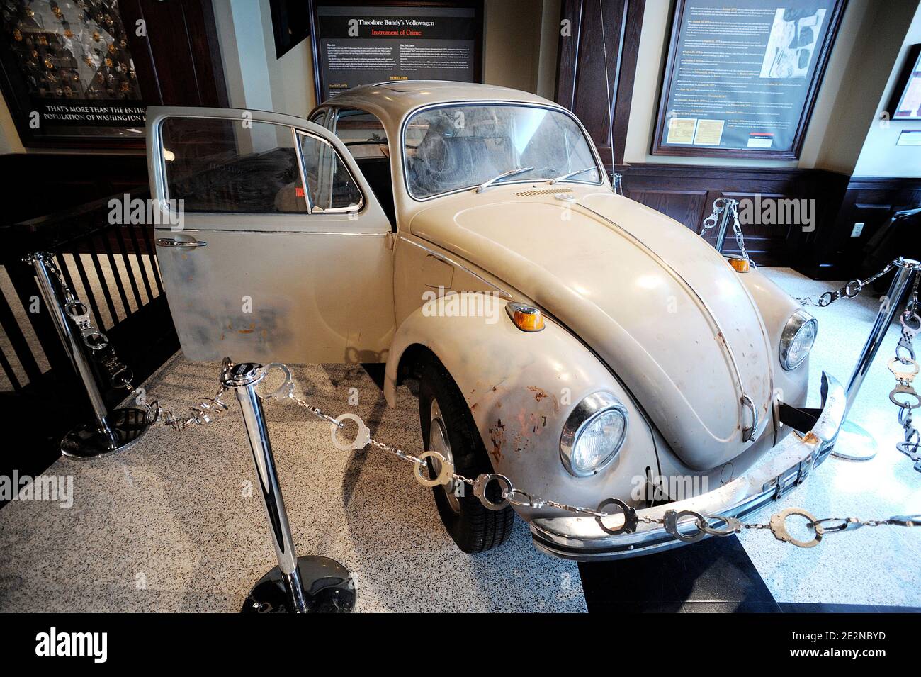 Ted BundyÍs VW Beetle on display at the National Crime and Punishment Museum  on February 22, 2010 in Washington, DC. Bundy's beat up 1968 Volkswagen  Beetle was integral to his serial murders.