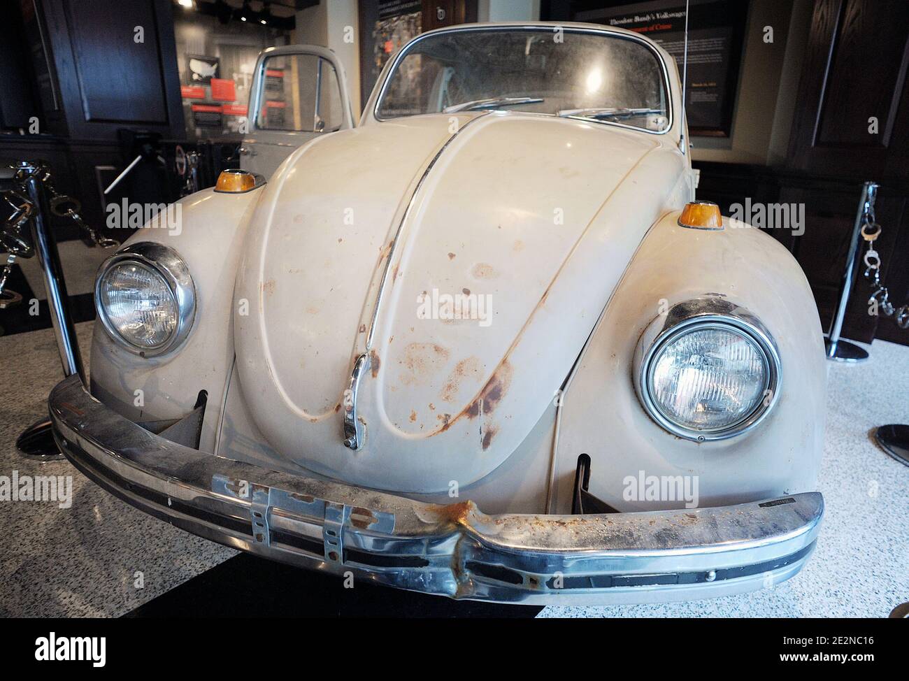 Ted BundyÍs VW Beetle on display at the National Crime and Punishment  Museum on February 22, 2010 in Washington, DC. Bundy's beat up 1968  Volkswagen Beetle was integral to his serial murders.