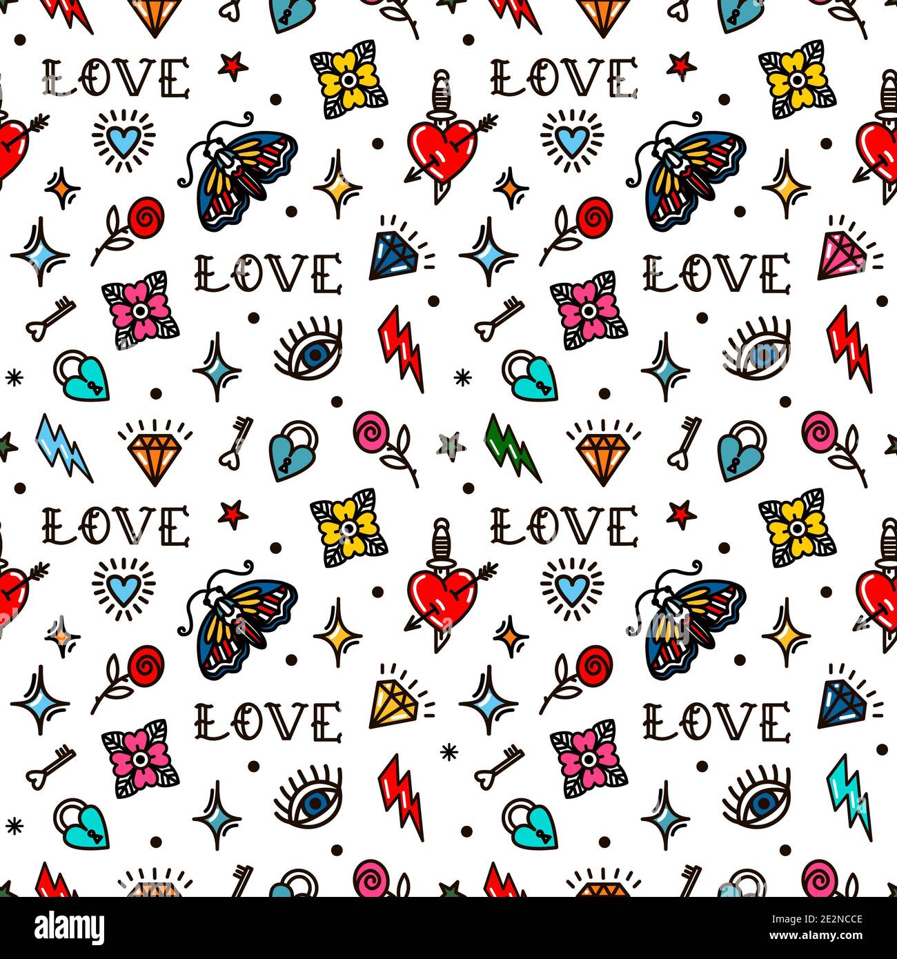 Old school tattoo seamless pattern with love symbols Design For Valentines  Day Stock Photo  Alamy