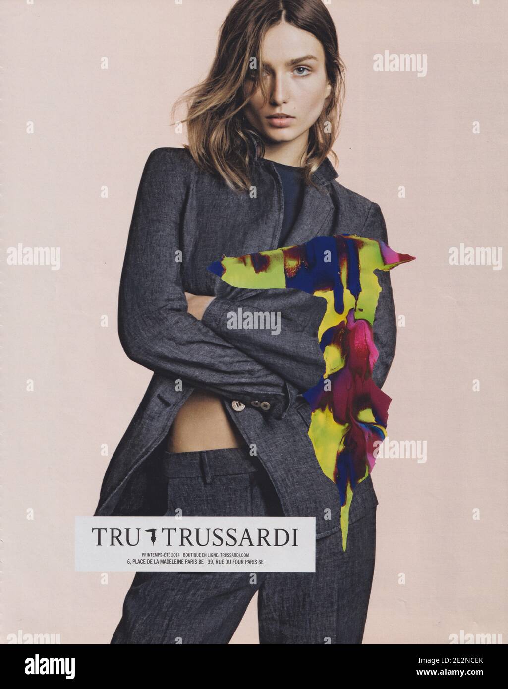 poster advertising Tru Trussardi fashion house with Andreea Diaconu in paper magazine from 2014, advertisement, creative Tru Trussardi 2010s advert Stock Photo
